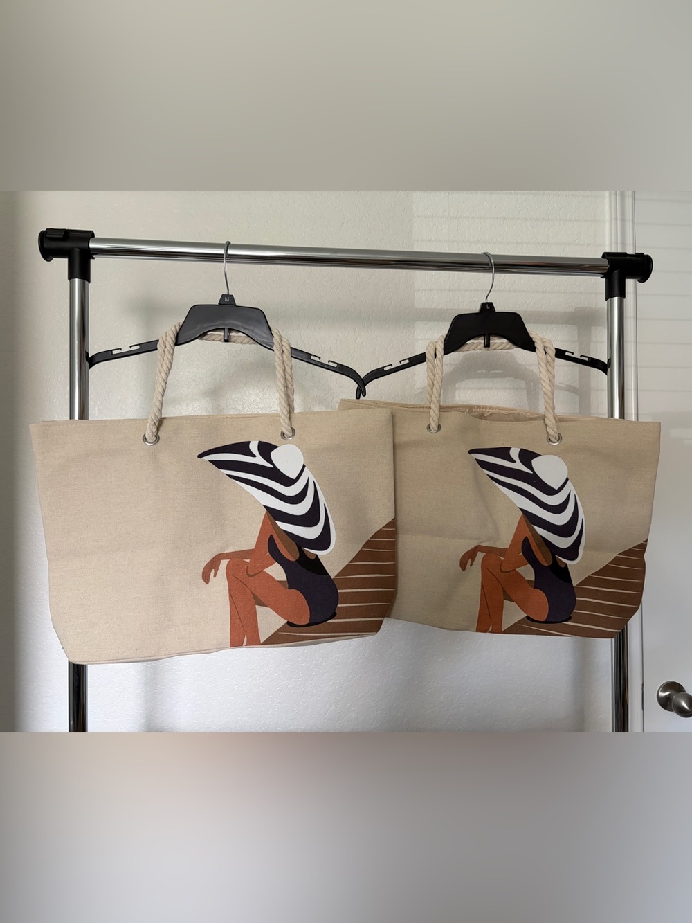 Yves Rocher Beige Canvas Tote with Black & White Hat Graphic